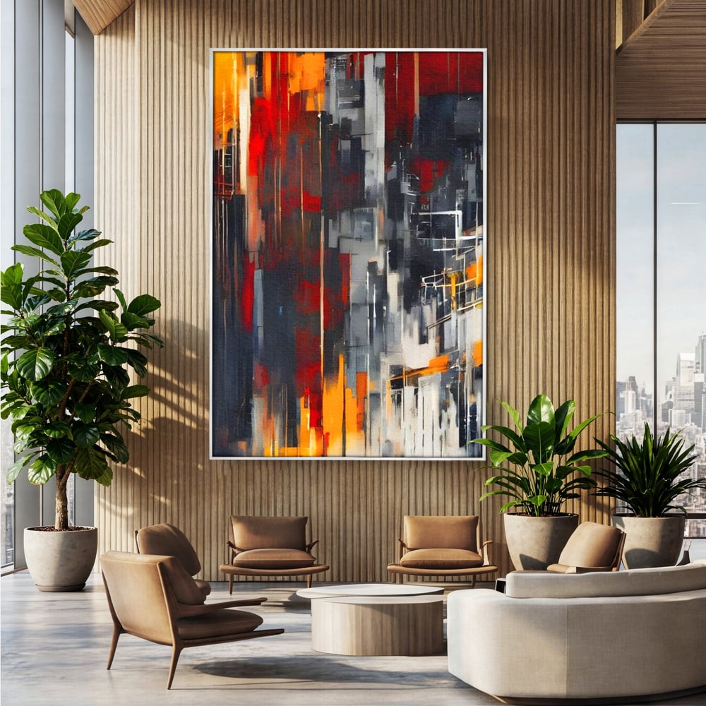 Tablou canvas cu pictura abstracta verticala cu linii urbane, in rama de aluminiu argintiu, pe perete intr-un birou